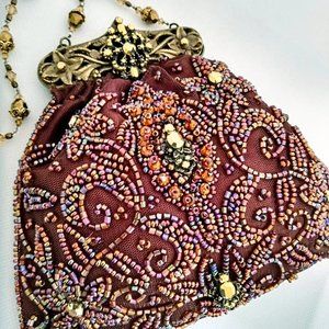 Vintage Beaded Evening Purse BURGUNDY and GOLD Solid brass VTG frame